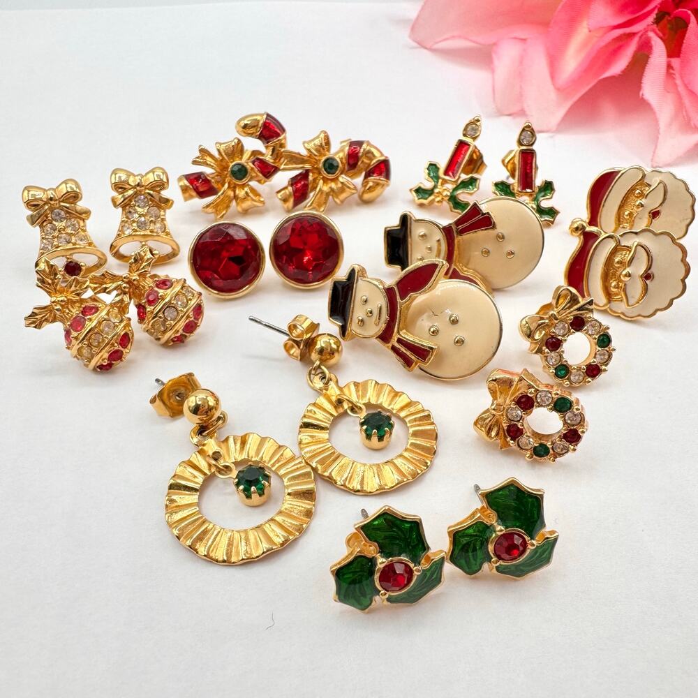 Vintage Avon Christmas Earring Lot Holiday Festive Fun Winter Gold Tone Signed